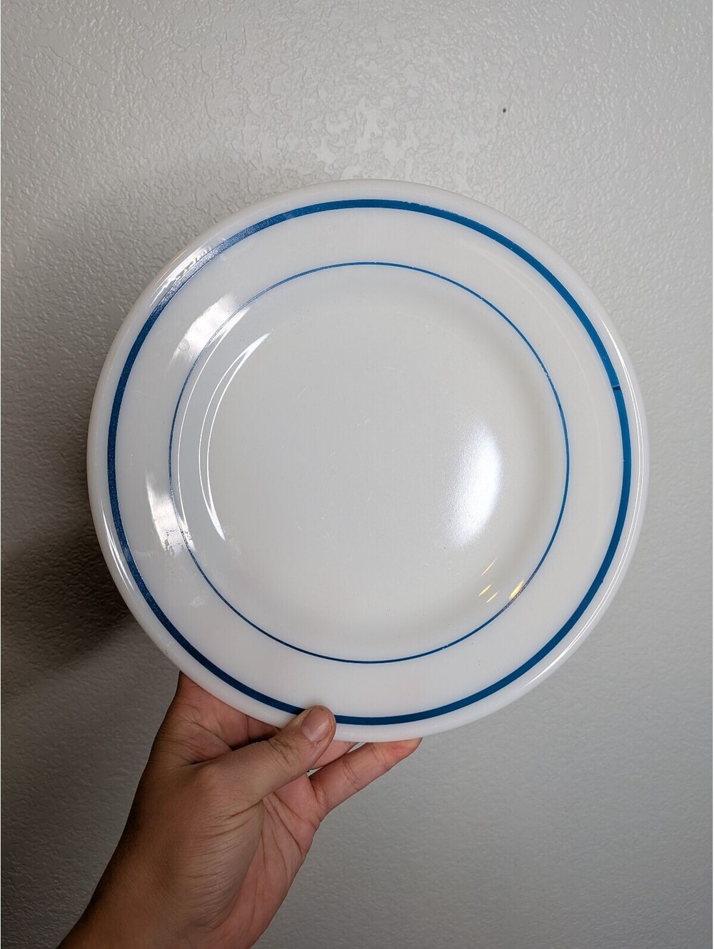 Vintage Pyrex Corning Milk Glass Dinner Plate Blue Double Stripe 9.5" USA